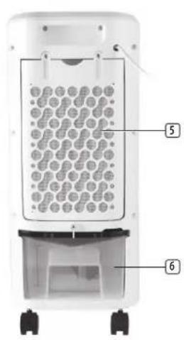 Diagram of a portable water heater with labeled parts 5 and 6, showing internal grid layout and wheels.