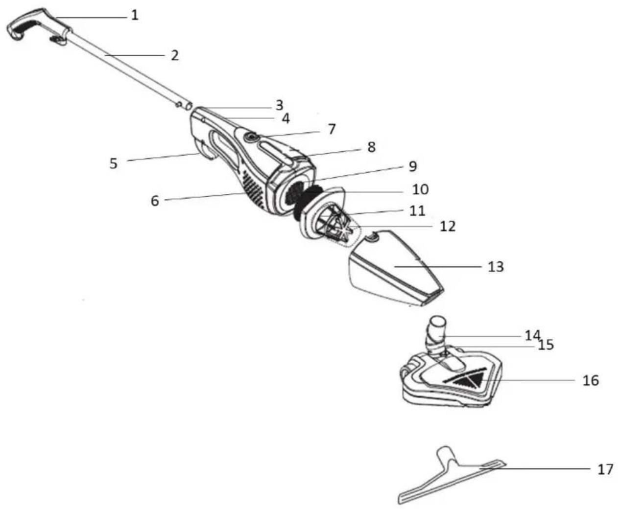 Exploded view diagram of a hairdryer with numbered parts for identification
