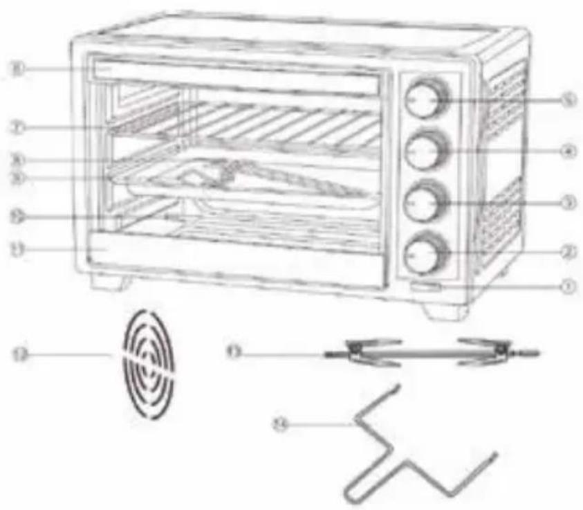 Labeled diagram of a microwave oven with numbered parts and an optical diagram below showing components like a signal source and waveform.