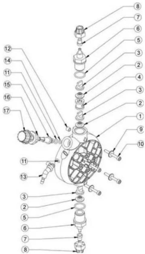 Exploded view diagram of a mechanical device with numbered parts for identification