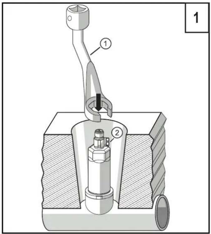 Technical diagram of a mechanical assembly with labeled parts 1 and 2, showing a pipe connection and internal components.