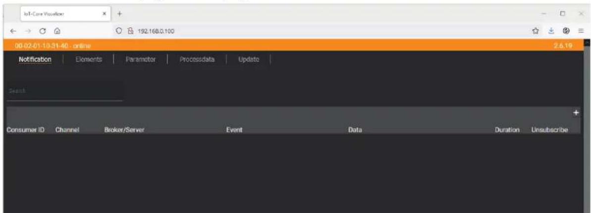 IoT-Core Visualizer 192.168.0.100 00-02-01-10:31:40 - online Notification Elements Parameter Processdata Update Search Consumer ID Channel Broker/Server Event Data Duration Unsubscribe