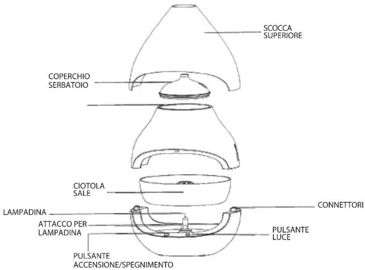 SCOCCA SUPERIORE COPERCHIO SERBATOIO CIOTOLA SALE LAMPADINA ATTACCO PER LAMPADINA PULSANTE ACCENSIONE/SPEGNIMENTO CONNETTORI PULSANTE LUCE