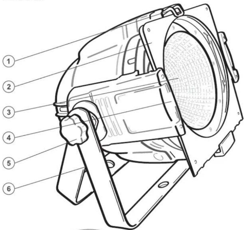Technical diagram of a mechanical device with numbered parts labeled 1 through 6