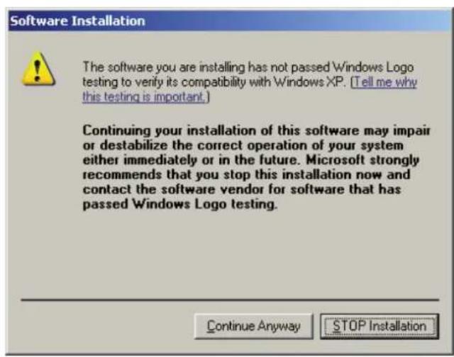 Software Installation The software you are installing has not passed Windows Logo testing to verify its compatibility with Windows XP. (Tell me why this testing is important.) Continuing your installation of this software may impair or destabilize the correct operation of your system either immediately or in the future. Microsoft strongly recommends that you stop this installation now and contact the software vendor for software that has passed Windows Logo testing. Continue Anyway STOP Installation