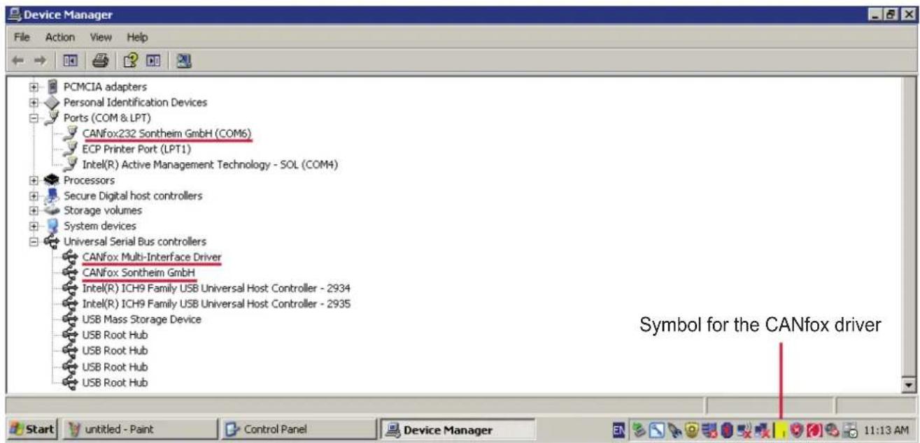 Device Manager File Action View Help PCMCIA adapters Personal Identification Devices Ports (COM & LPT) CANFox232 Sonthim GmbH (COM6) ECP Printer Port (LPT1) Intel(R) Active Management Technology - SOL (COM4) Processors Secure Digital host controllers Storage volumes System devices Universal Serial Bus controllers CANFox Multi-Interface Driver CANFox Sonthim GmbH Intel(R) ICH9 Family USB Universal Host Controller - 2934 Intel(R) ICH9 Family USB Universal Host Controller - 2935 USB Mass Storage Device USB Root Hub USB Root Hub USB Root Hub USB Root Hub Symbol for the CANfox driver Start untitled - Paint Control Panel Device Manager 11:13 AM
