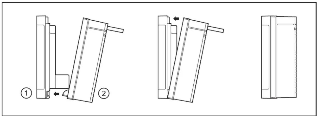 Technical diagram showing three sequential steps of a door handle mechanism with labeled arrows and directional arrows.