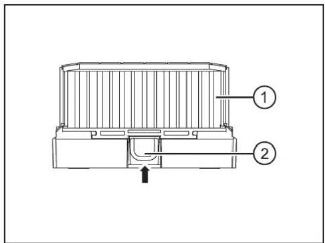 Technical diagram of a mechanical component with labeled parts 1 and 2, showing internal structure and directional arrow.