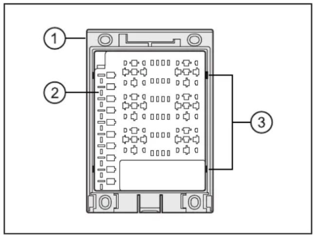 Diagram of an electronic device rear panel with labeled components and connection points