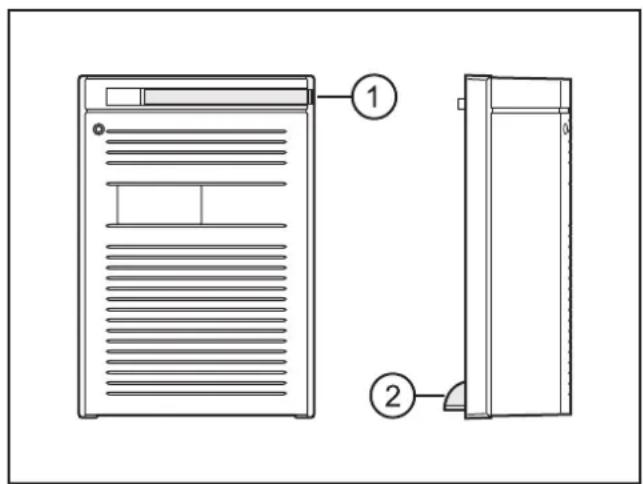 Technical diagram showing two labeled views of a server or rack device, with numbered annotations pointing to each component.