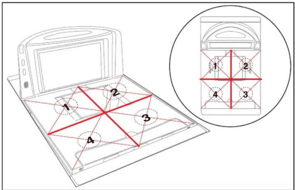 Diagram of a microwave oven with numbered components and a close-up view of the internal structure with four labeled parts.
