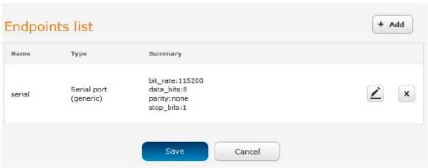 Endpoints list Name Type Summary serial Serial port (generic)(bit_rate:115200 data_bits:8 parity:none stop_bits:1 Save Cancel