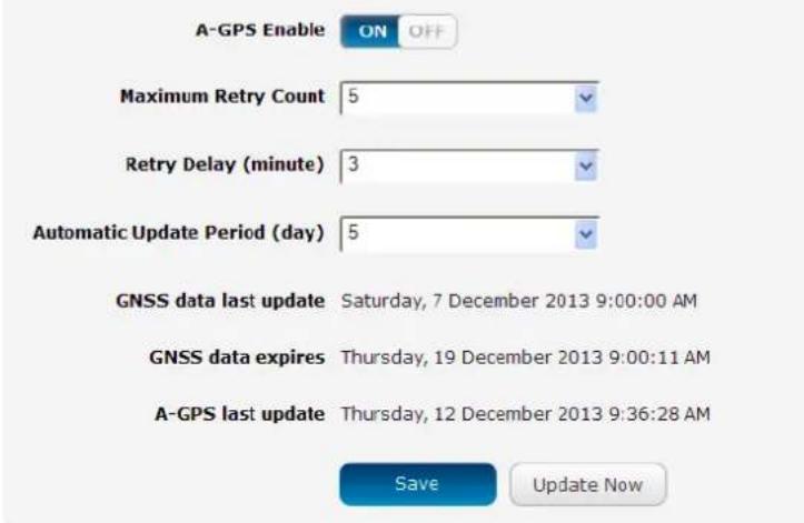 A-GPS Enable ON OFF Maximum Retry Count 5 Retry Delay (minute) 3 Automatic Update Period (day) 5 GNSS data last update Saturday, 7 December 2013 9:00:00 AM GNSS data expires Thursday, 19 December 2013 9:00:11 AM A-GPS last update Thursday, 12 December 2013 9:36:28 AM Save Update Now