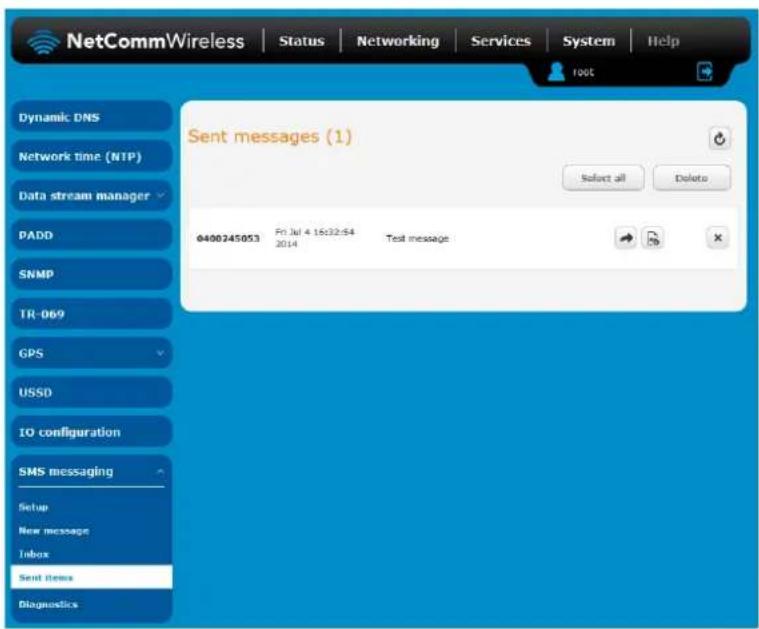 NetCommWireless | Status | Networking | Services | System | Help Dynamic DNS Network time (NTP) Data stream manager PADD SNMP TR-069 GPS USSD IO configuration SMS messaging Setup New message Inbox Send items Diagnostics Sent messages (1) Select all Delete 0400245053 Fri Jul 4 16:32:54 2014 Test message