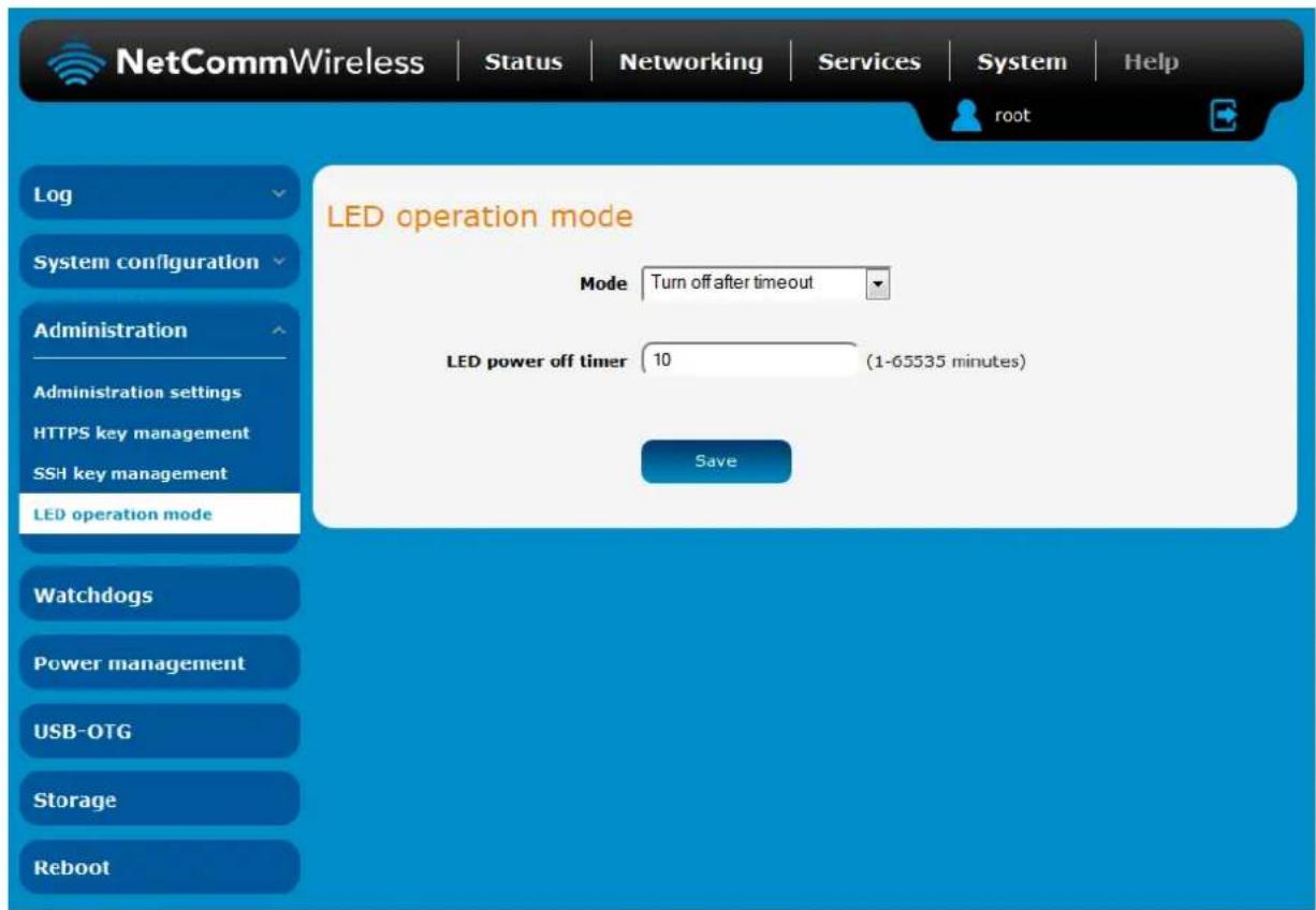 NetCommWireless | Status | Networking | Services | System | Help root LED operation mode Mode Turn off after timeout LED power off timer 10 (1-65535 minutes) Save Log System configuration Administration Administration settings HTTPS key management SSH key management LED operation mode Watchdogs Power management USB-OTG Storage Reboot