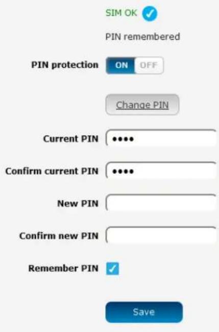 SIM OK ✓ PIN remembered PIN protection ON OFF Change PIN Current PIN ••••• Confirm current PIN ••••• New PIN Confirm new PIN Remember PIN ✓ Save