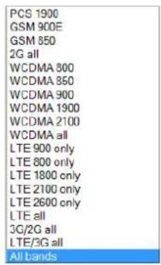 PCS 1900 GSM 900E GSM 850 2G all WCDMA 800 WCDMA 850 WCDMA 900 WCDMA 1900 WCDMA 2100 WCDMA all LTE 900 only LTE 800 only LTE 1800 only LTE 2100 only LTE 2600 only LTE all 3C/2G all LTE/3G all All bands