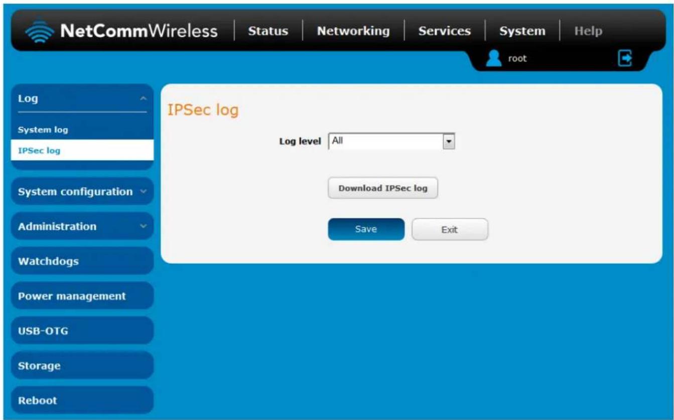 NetCommWireless | Status | Networking | Services | System | Help root Log System log IPSec log IPSec log Log level All Download IPSec log Save Exit System configuration Administration Watchdogs Power management USB-OTG Storage Reboot