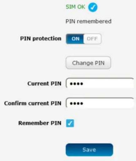 SIM OK ✓ PIN remembered PIN protection ON OFF Change PIN Current PIN ••••• Confirm current PIN ••••• Remember PIN ✓ Save