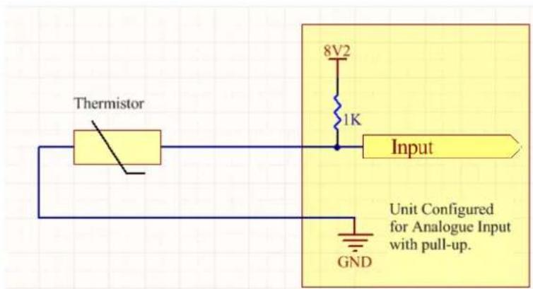 Thermistor 8V2 1K Input Unit Configured for Analogue Input with pull-up. GND