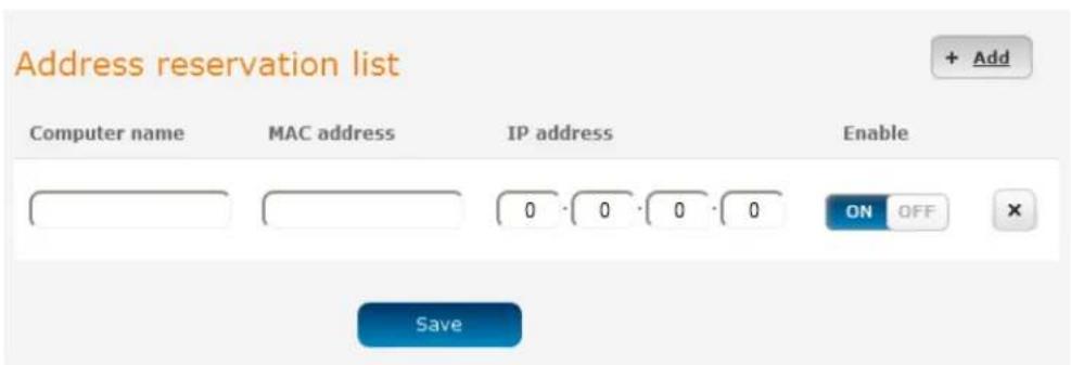 Address reservation list + Add Computer name MAC address IP address Enable 0 0 0 0 ON OFF Save