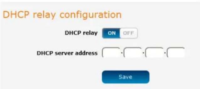 DHCP relay configuration DHCP relay ON OFF DHCP server address Save