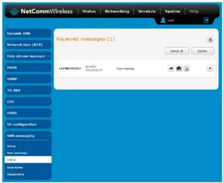 NetCommWireless | Status | Networking | Services | System | Help dynamic DNS Network time (NTP) Data stream manager PADD SNMP TR-069 GPS USSD TO configuration SMS messaging Setup New message Inbox Send items Diagnostics Received messages (1) Select all Delete +61400245053 2014/07 /06.10:32:57 Text message
