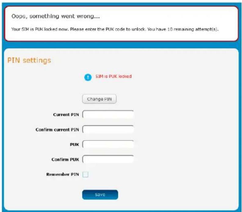 Oops, something went wrong... Your SIM is PUK locked now. Please enter the PUK code to unlock. You have 10 remaining attempt(s). PIN settings SIM is PUK locked Change PIN Current PIN Confirm current PIN PUK Confirm PUK Remember PIN SAVE