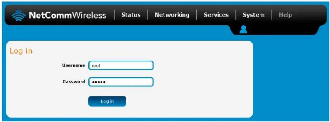 NetCommWireless | Status | Networking | Services | System | Help Log in Username root Password •••••• Log in