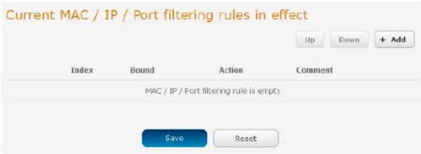 Current MAC / IP / Port filtering rules in effect Index Bound Action Comment MAC / IP / Port filtering rule is empty Save Reset