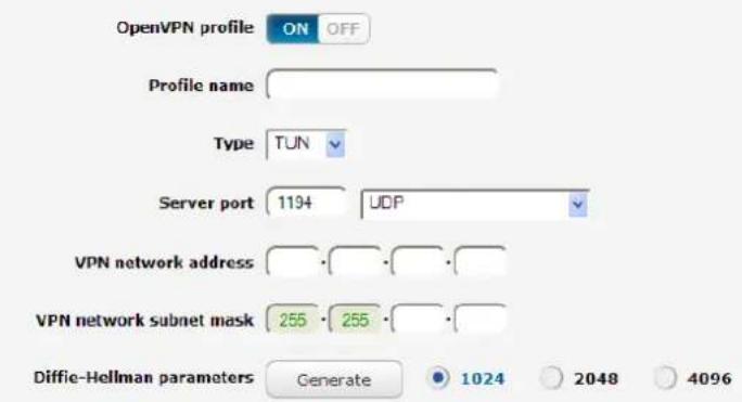 OpenVPN profile ON OFF Profile name Type TUN Server port 1194 UDP VPN network address VPN network subnet mask 255 255 Diffie-Hellman parameters Generate 1024 2048 4096