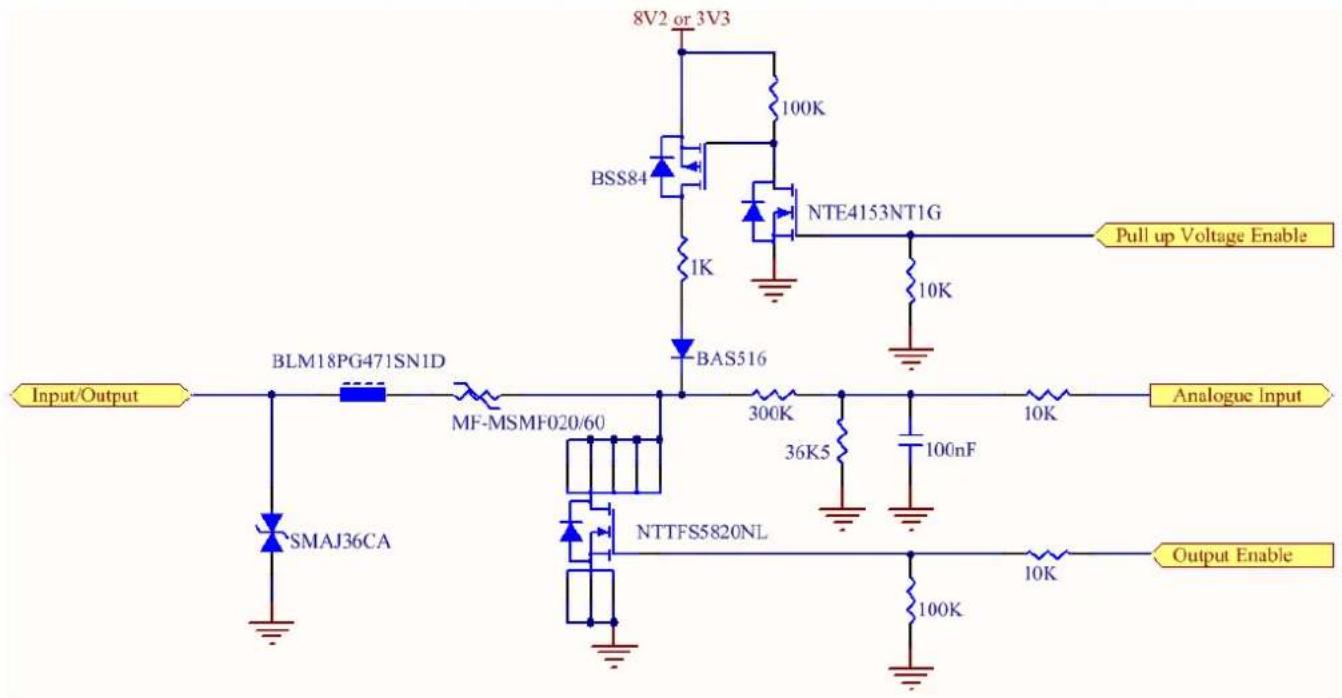 8V2 or 3V3 100K BSS84 NTE4153NT1G 1K 10K BAS516 Pull up Voltage Enable Input/Output BLM18PG471SN1D MF-MSMF020/60 300K 36K5 100nF 10K Analogue Input SMAJ36CA NTTFS5820NL 100K 10K Output Enable