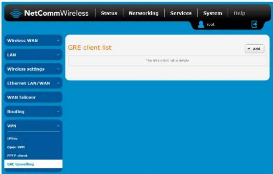 NetCommWireless | Status | Networking | Services | System | Help root Wireless WAN LAN Wireless settings Ethernet LAN/WAN WAN failover Routing VPN IPSec Open VPN PPTP client GRE tunnelling GRE client list + Add The GRE client list is empty