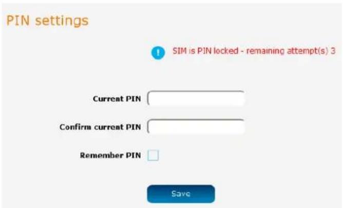 PIN settings SIM is PIN locked - remaining attempt(s) 3 Current PIN Confirm current PIN Remember PIN Save