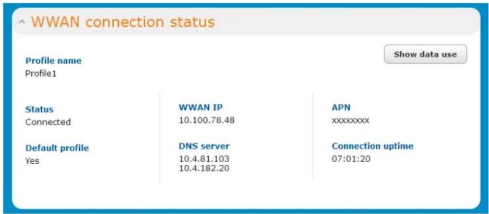 ^ WWAN connection status Profile name Profile1 Status WWAN IP APN Connected 10.100.78.48 xxxxxxxxx Default profile DNS server Connection uptime Yes 10.4.81.103 07:01:20
