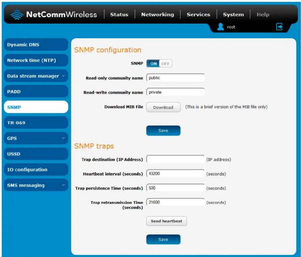 NetCommWireless | Status | Networking | Services | System | Help root Dynamic DNS Network time (NTP) Data stream manager PADD SNMP TR-069 GPS USSD IO configuration SMS messaging SNMP configuration SNMP ON OFF Read-only community name public Read-write community name private Download MIB File Download (This is a brief version of the MIB file only) Save SNMP traps Trap destination (IP Address) (IP address) Heartbeat interval (seconds) 43200 (seconds) Trap persistence Time (seconds) 500 (seconds) Trap retransmission Time (seconds) 21600 (seconds) Send heartbeat Save