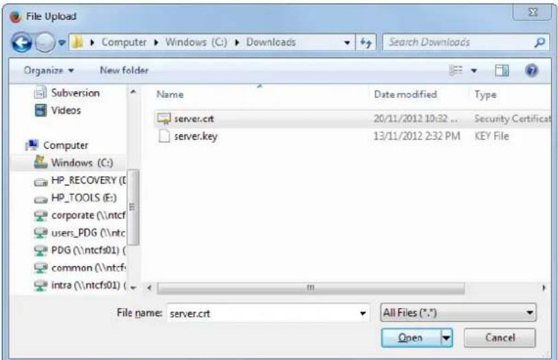 File Upload Computer > Windows (C:) > Downloads Search Downloads Organize > New folder Subversion Videos Computer Windows (C:) HP_RECOVERY (D:) HP_TOOLS (E:) corporate (\ntcf users_PDG (\ntc PDG (\ntcfs01) ( common (\ntcfs intra (\ntcfs01) ( Name Date modified Type server.crt 20/11/2012 10:32 ... Security Certificati server.key 13/11/2012 2:32 PM KEY File File name: server.crt All Files (*.*) Open Cancel
