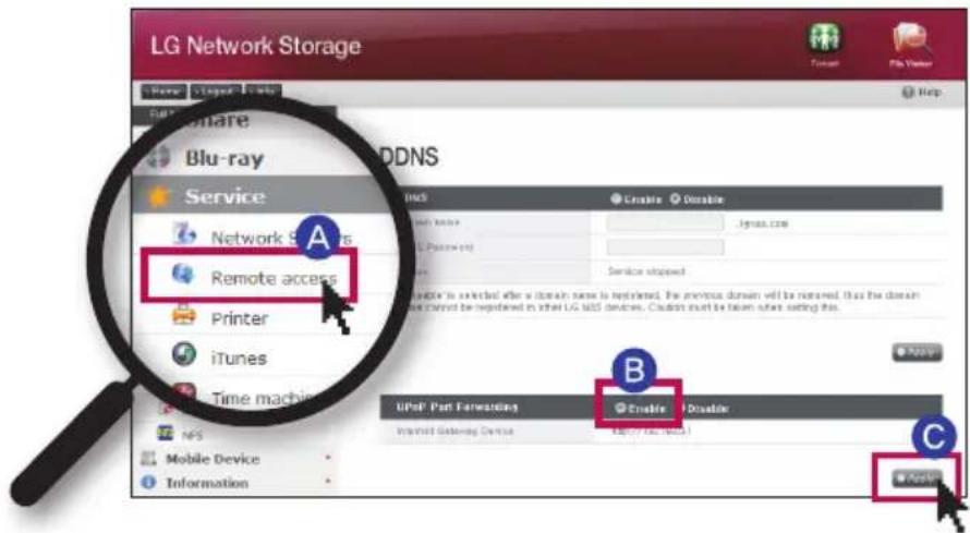 LG Network Storage Form1 Layout File Wizard Help Share Blu-ray ADDNS Service Network Starters Remote access Printer iTunes Time machine NFS Mobile Device Information EMS Enable Disable USB Password License stopped Internet to be registered in other LG BIOS devices. Creation must be taken after setting this. UP/OP Part Forwarding Enable Disable Internet Gateway Device ASP.NET (Red Date) ASP.NET ASP.NET