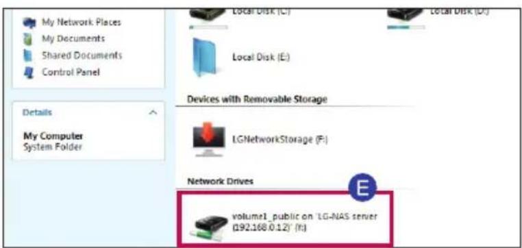 My Network Places My Documents Shared Documents Control Panel Details My Computer System Folder Local Disk (L) Local Disk (E) Devices with Removable Storage LGNetworkStorage (F:) Network Drives volume1_public on 'LG-NAS server (192.168.0.12)' (R)