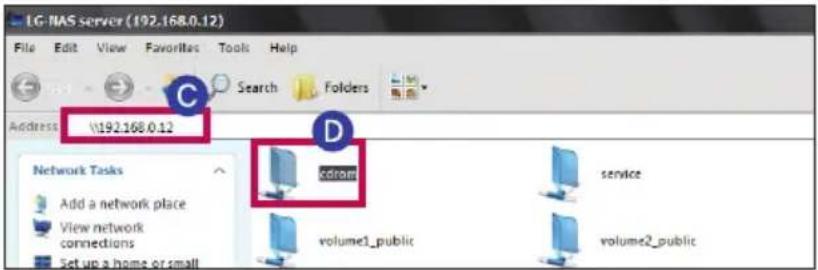 LG NAS server (192.168.0.12) File Edit View Favorites Tools Help Address \192.168.0.12 Network Tasks Add a network place View network connections Set up a home or small admin volume1_public service volume2_public
