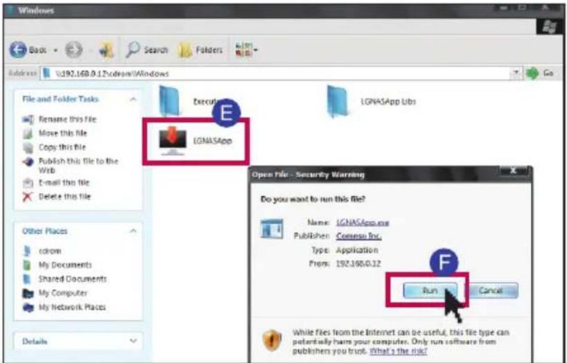 Windows Back Search Folders Address: U192.160.0.12\ndecrow\Windows File and Folder Tasks Rename this file Move this file Copy this file Publish this file to the Web E-mail this file Delete this file Other Places chrom My Documents Shared Documents My Computer My Network Places Details Execut E LGNASApp LGNASApp Lbs Open File - Security Warning Do you want to run this file? Name: LGNASApp.exe Publisher: Compass Inc. Type: Application From: 192.160.0.12 Run Cancel While files from the Internet can be useful, this file type can potentially harm your computer. Only run software from publishers you trust. What's the risk?