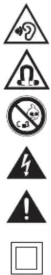 Warning symbols including warning signs, a gear, a plug, a no-smoking symbol, a lightning bolt, and an exclamation mark.