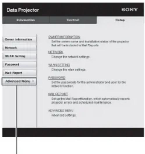 Data Projector SONY Information Control Setup Owner Information Network WLAN Setting Password Mail Report Advanced Menu OWNER INFORMATION Set the owner name and installation status of the projector that will be included in Mail Reports. NETWORK Change the network settings. WLAN SETTING Change the real settings. PASSWORD Set the passwords for the administrator and user for the network function. MAIL REPORT Set up the Mail Report function, which automatically reports project errors and scheduled maintenance. ADVANCED MENU Advanced settings.
