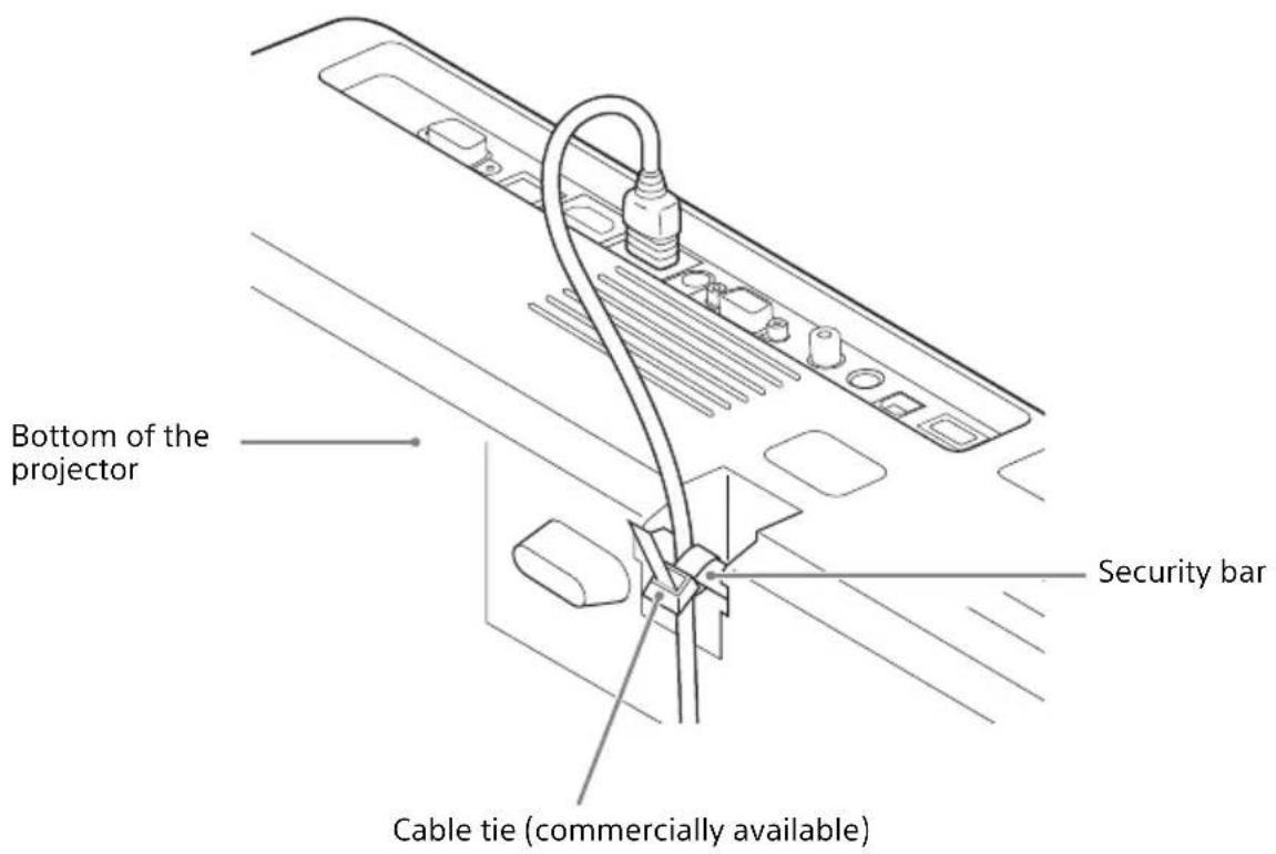 Bottom of the projector Security bar Cable tie (commercially available)