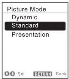 Picture Mode Dynamic Standard Presentation Sel RETURN Back