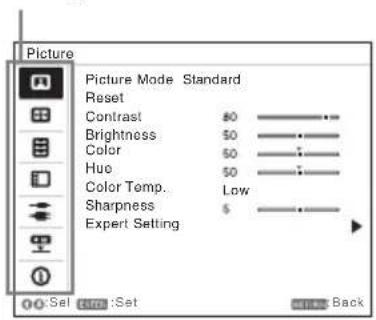 Picture Picture Mode Standard Reset Contrast 80 Brightness 50 Color 50 Hue 50 Color Temp. Low Sharpness $ Expert Setting OK: Set Init:Set Back