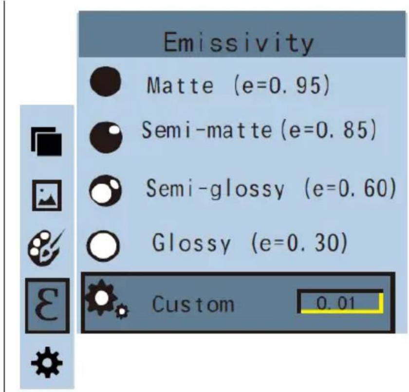 Emissivity ● Matte (e=0.95) ● Semi-matte (e=0.85) ● Semi-glossy (e=0.60) ○ Glossy (e=0.30) Custom 0.01