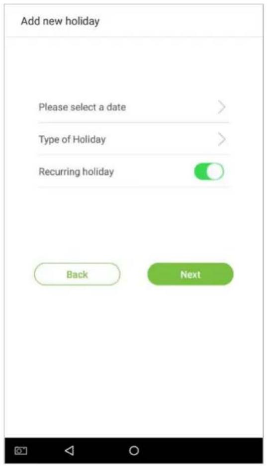 Add new holiday Please select a date > Type of Holiday > Recurring holiday Back Next