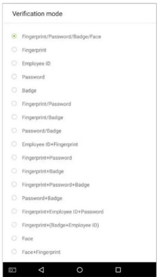 Verification mode Fingerprint/Password/Badge/Face Fingerprint Employee ID Password Badge Fingerprint/Password Fingerprint/Badge Password/Badge Employee ID+Fingerprint Fingerprint+Password Fingerprint+Badge Fingerprint+Password+Badge Password+Badge Fingerprint+Employee ID+Password Fingerprint+(Badge+Employee ID) Face Face+Fingerprint