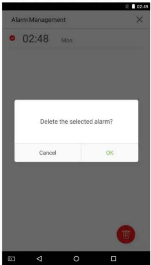 Alarm Management 02:48 Mon Delete the selected alarm? Cancel OK